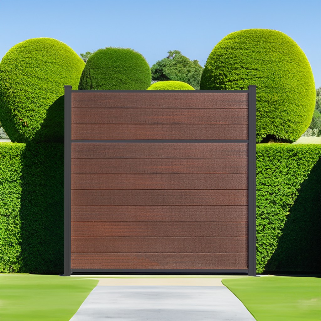 Classic Privacy Composite Fence in Aspen Brown with Black Aluminum Posts