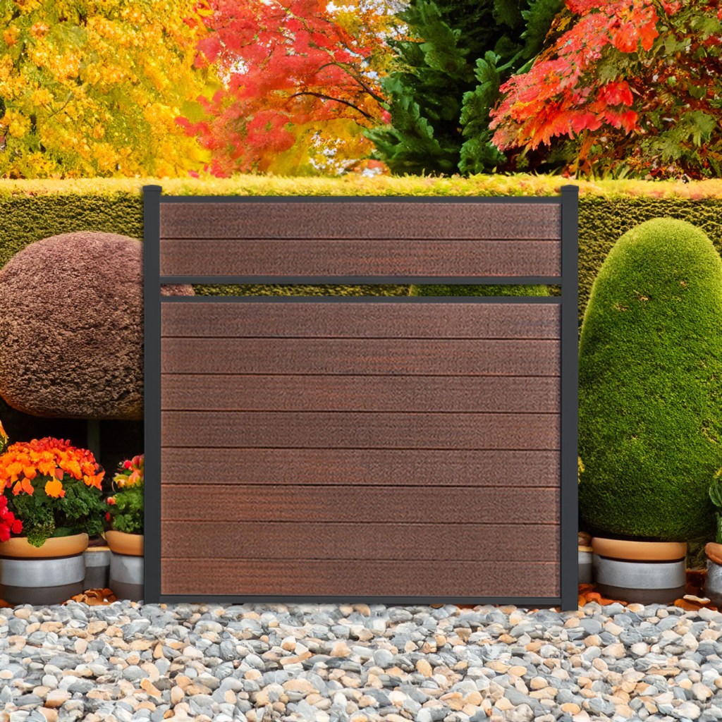 Classic Semi Privacy composite fence in Aspen Brown with black aluminum posts