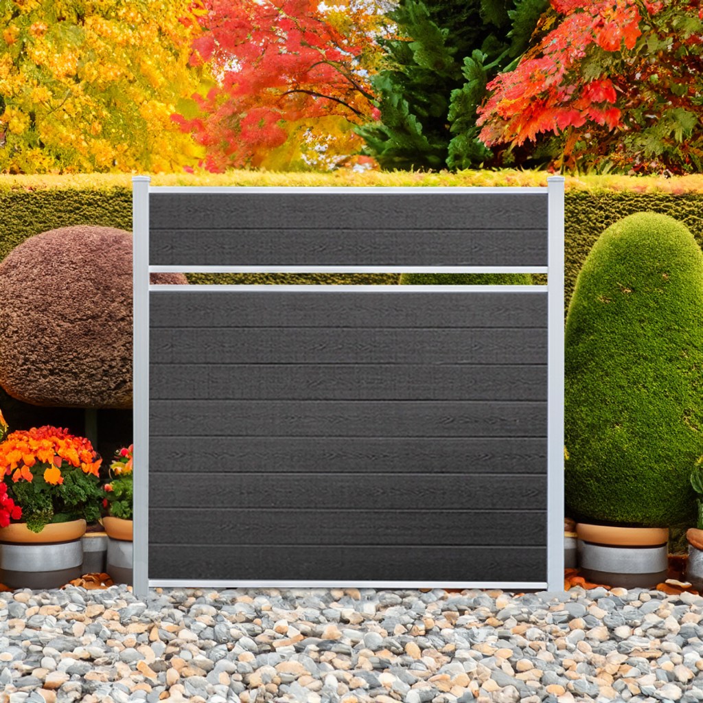 Classic semi privacy composite fence in Charcoal with natural aluminum posts
