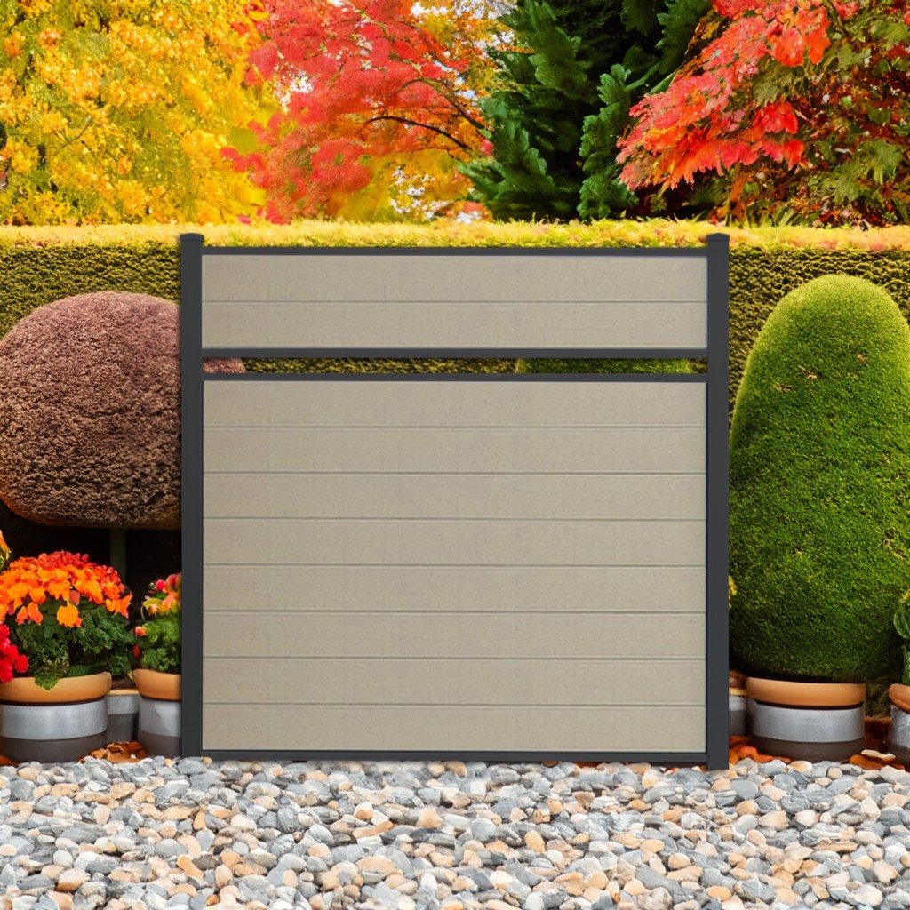 Classic Privacy Composite Fence in Sandy Birch with Black Aluminum Posts