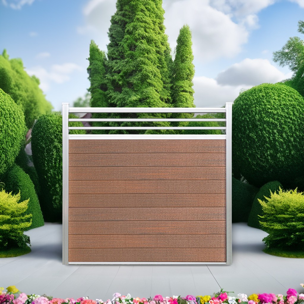 Classic Trellis composite fence in Cedar with natural aluminum posts