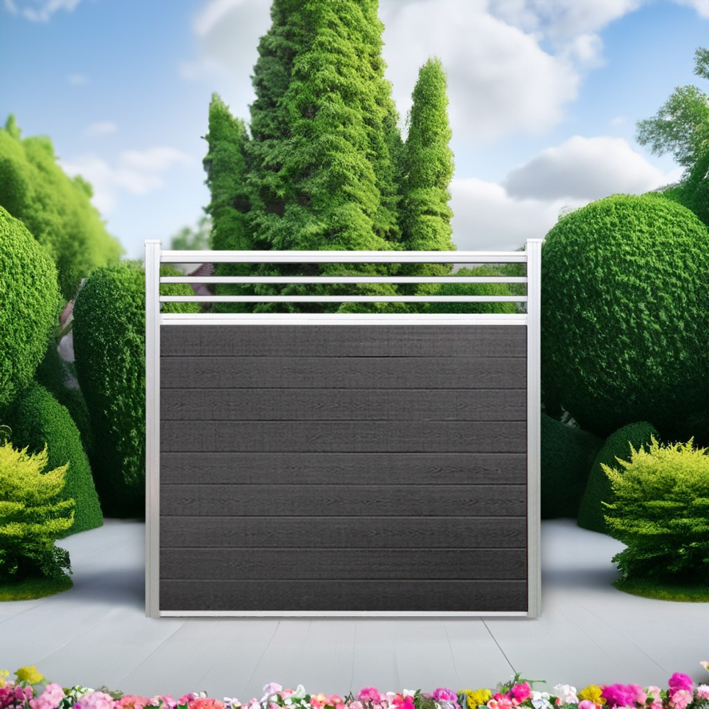 Classic Trellis composite fence in Charcoal with natural aluminum posts