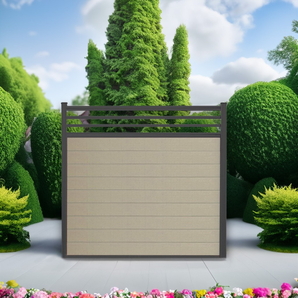 Classic Trellis composite fence in Sandy Birch with black aluminum posts