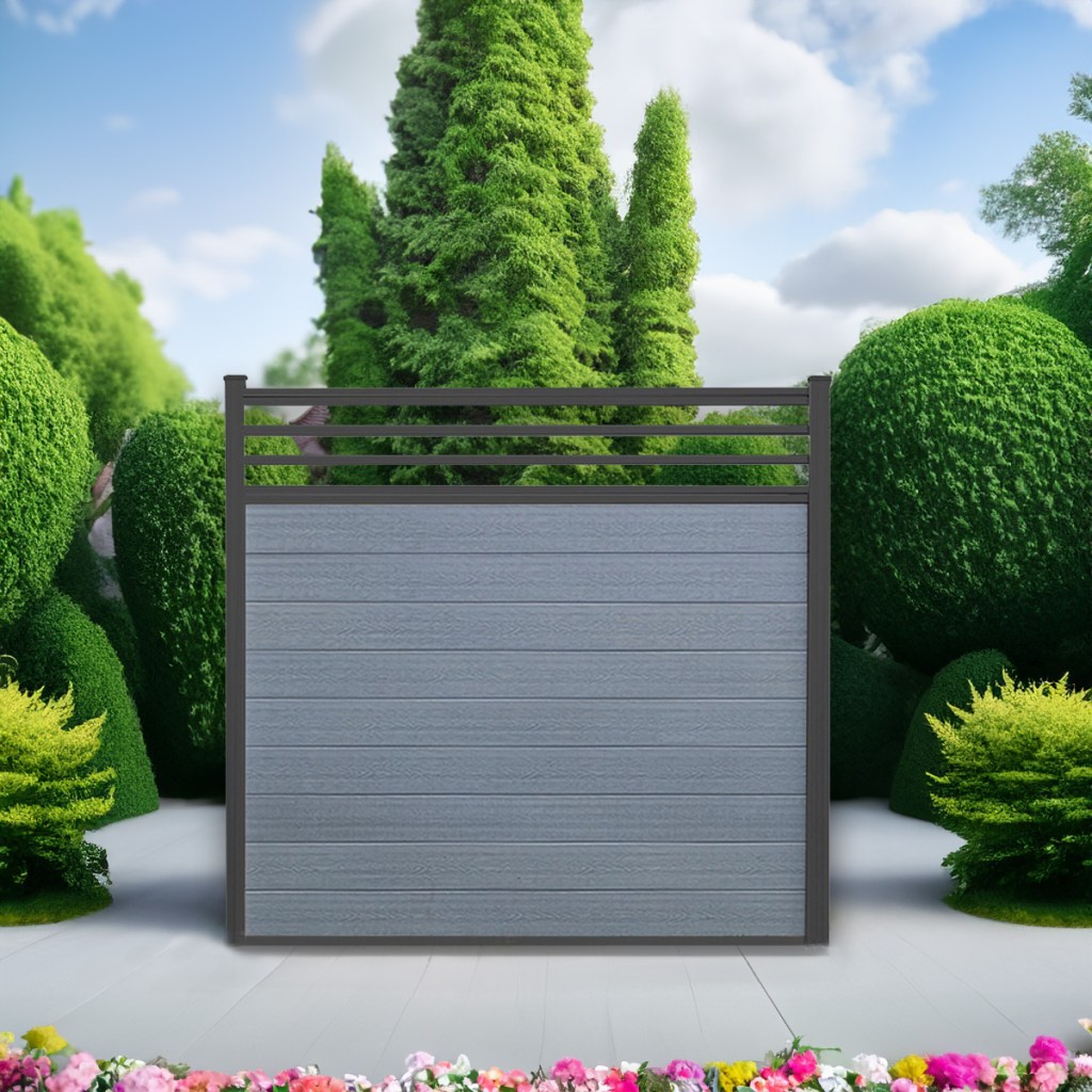 Classic Trellis composite fence in Silver Grey with black aluminum posts
