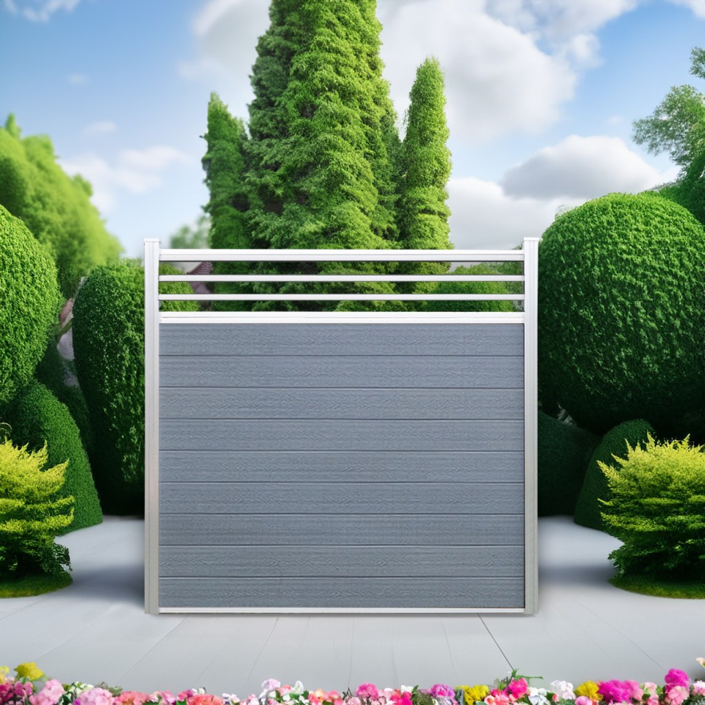 Classic Trellis composite fence in Silver Grey with natural aluminum posts