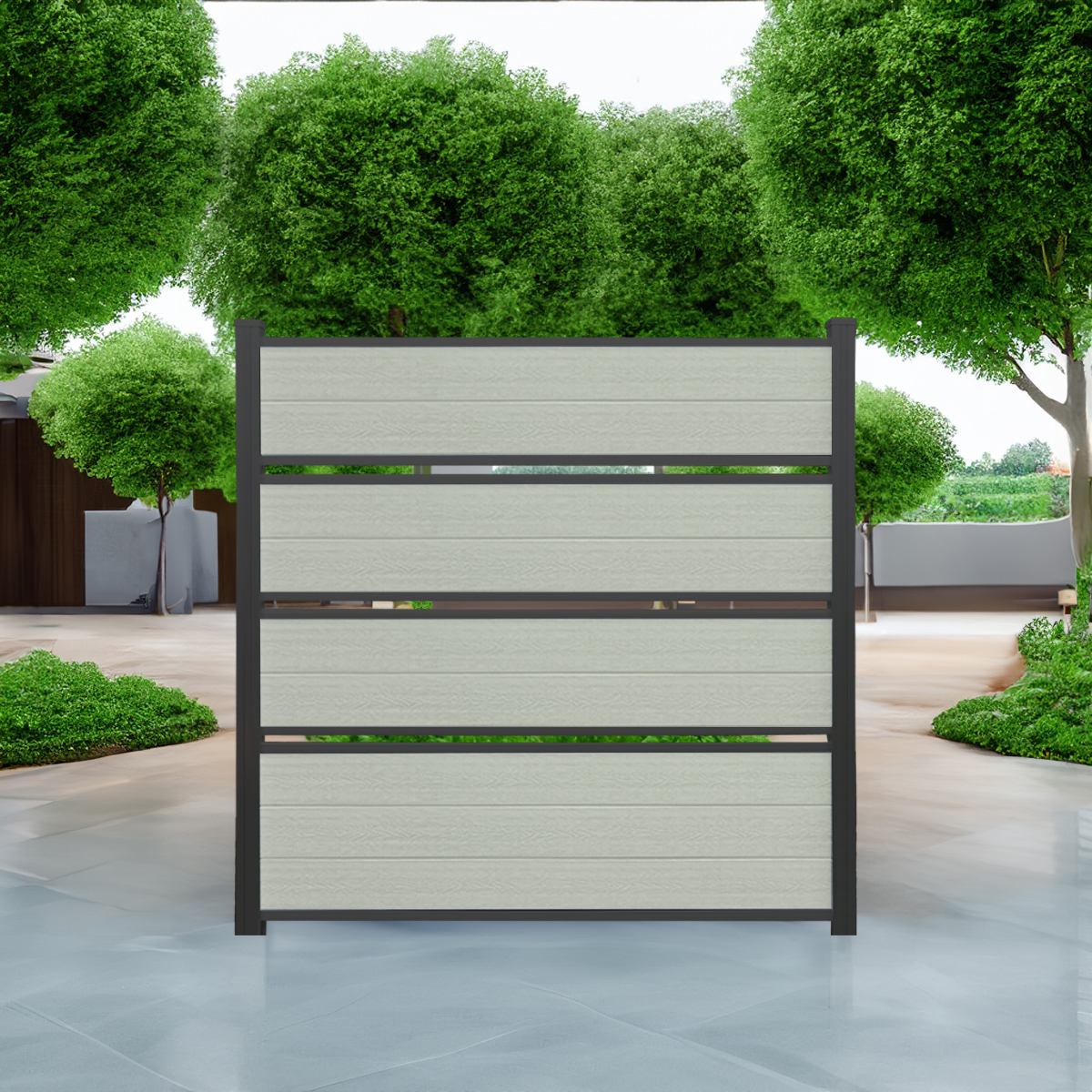 Deluxe Semi Privacy composite fence in Sandy Birch with black aluminum posts