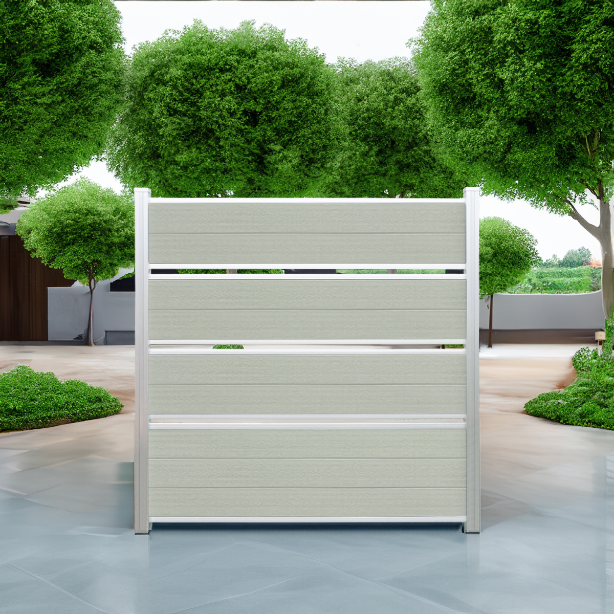 Deluxe Semi Privacy composite fence in Sandy Birch with natural aluminum posts