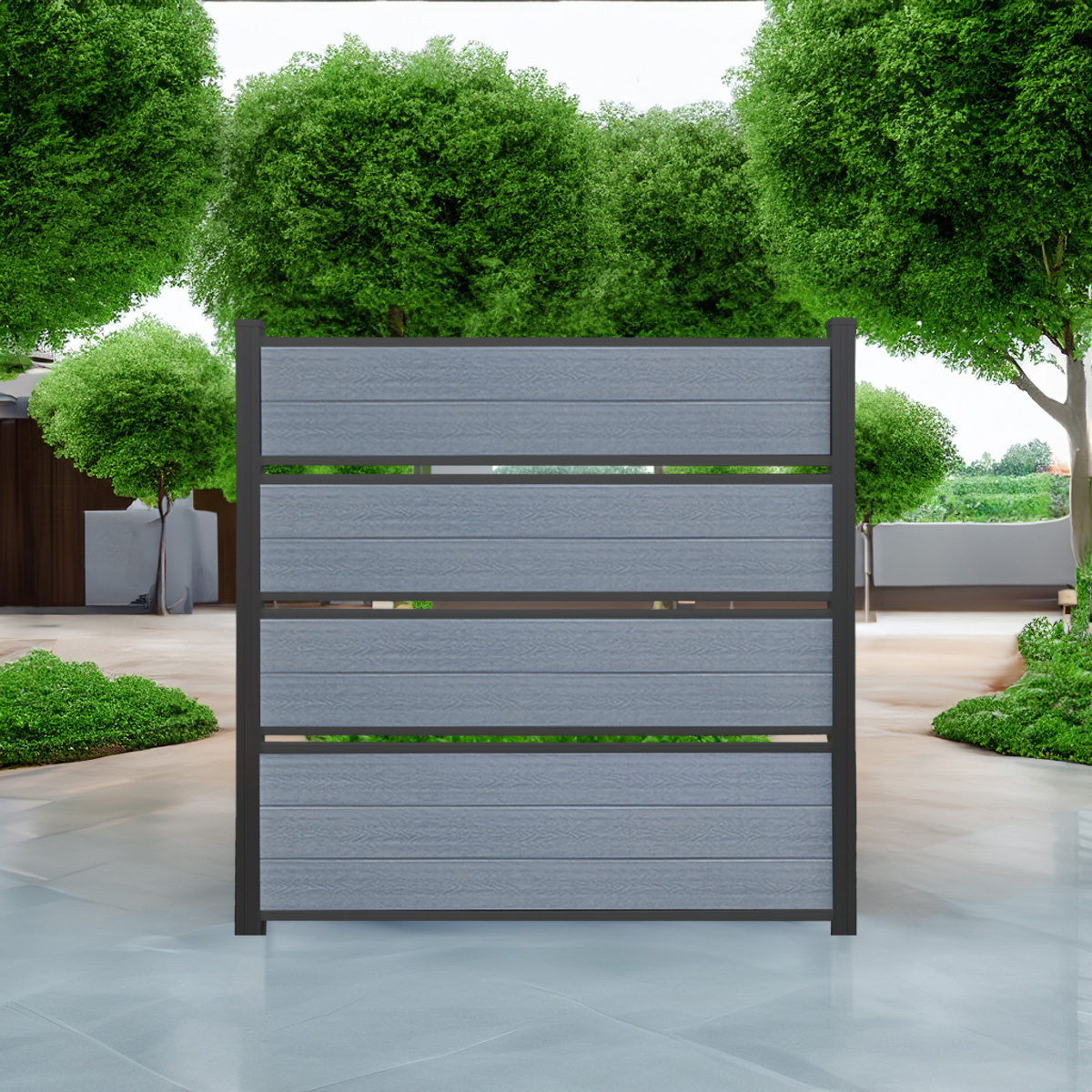 Deluxe Semi Privacy composite fence in Silver Grey with black aluminum post