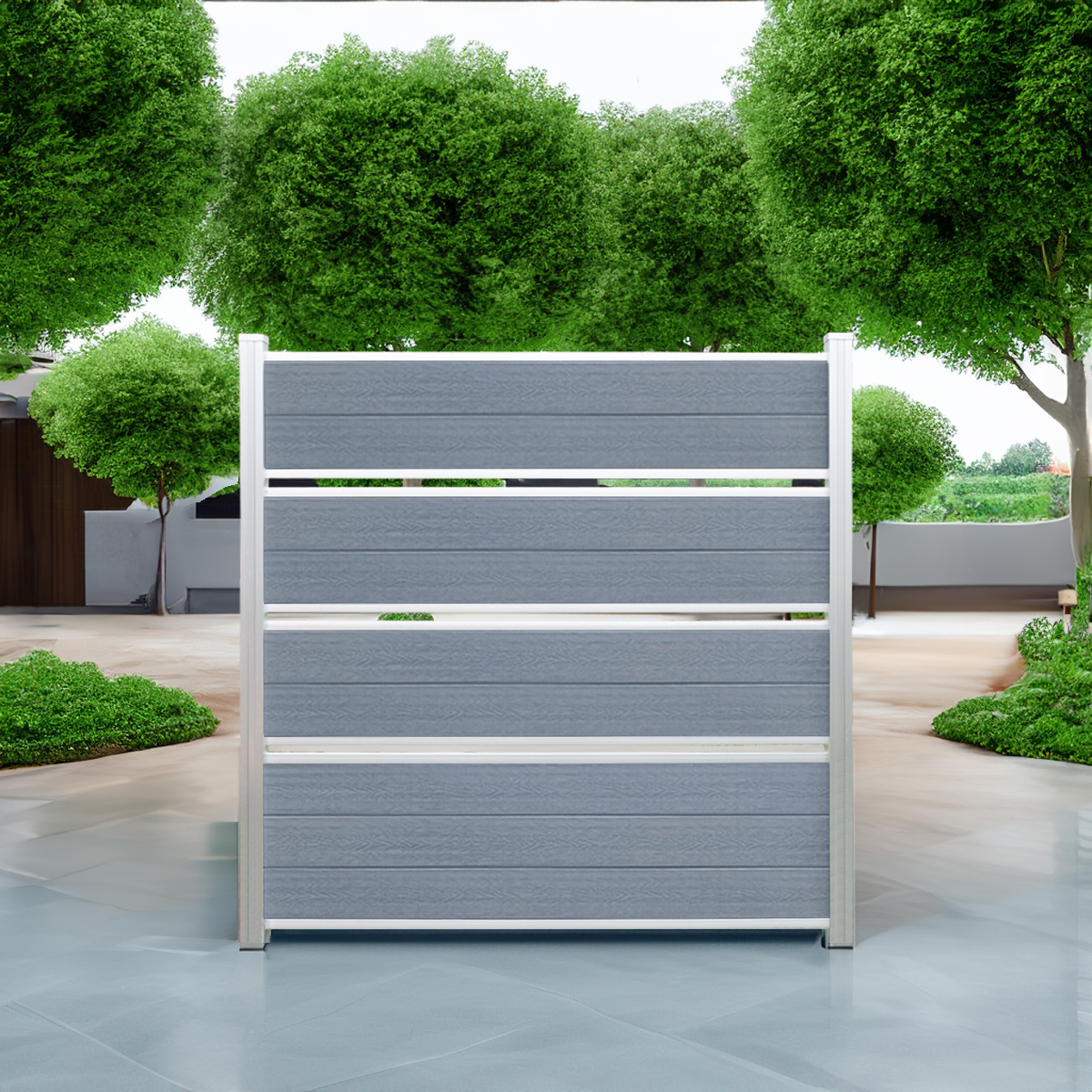 Deluxe Semi Privacy composite fence in Silver Grey with natural aluminum posts