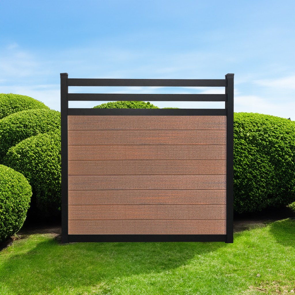 Deluxe Trellis composite fence in Cedar with black aluminum posts