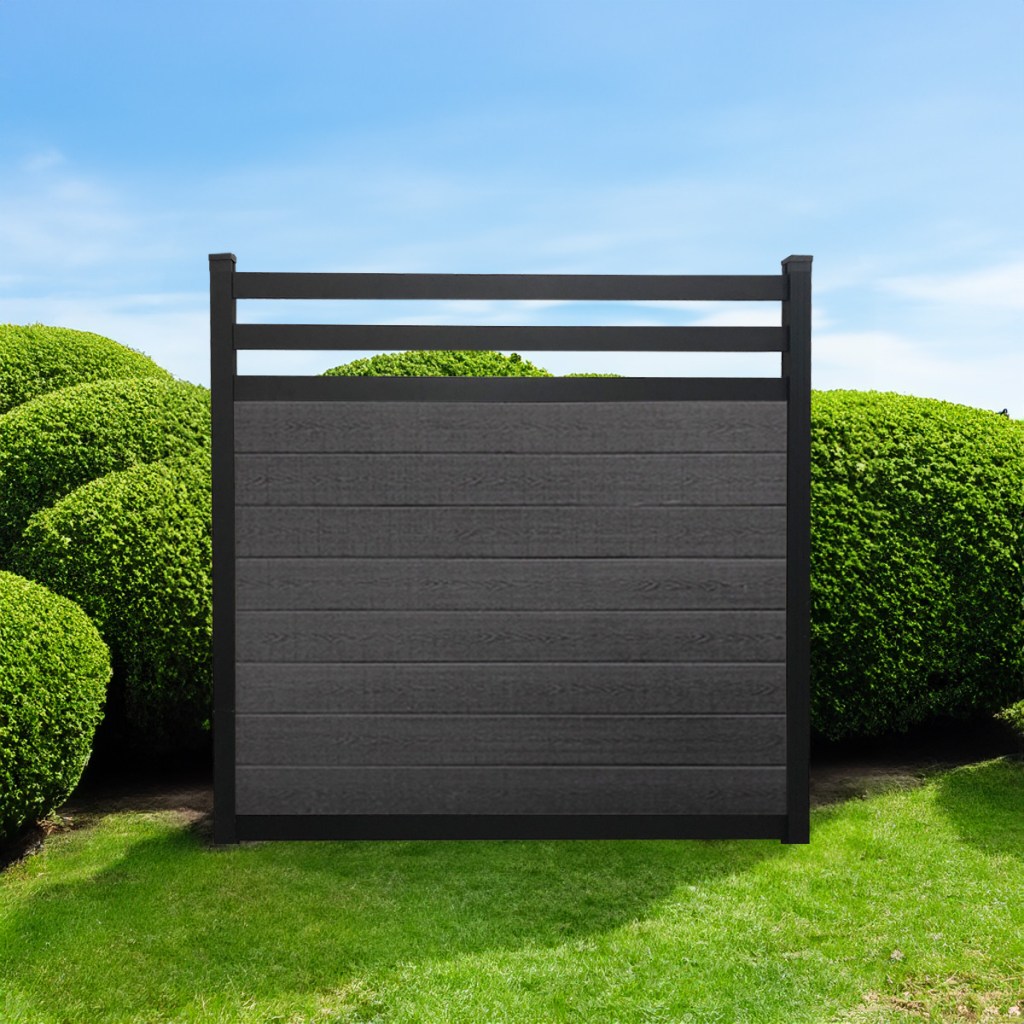 Deluxe Trellis composite fence in Charcoal with black aluminum posts