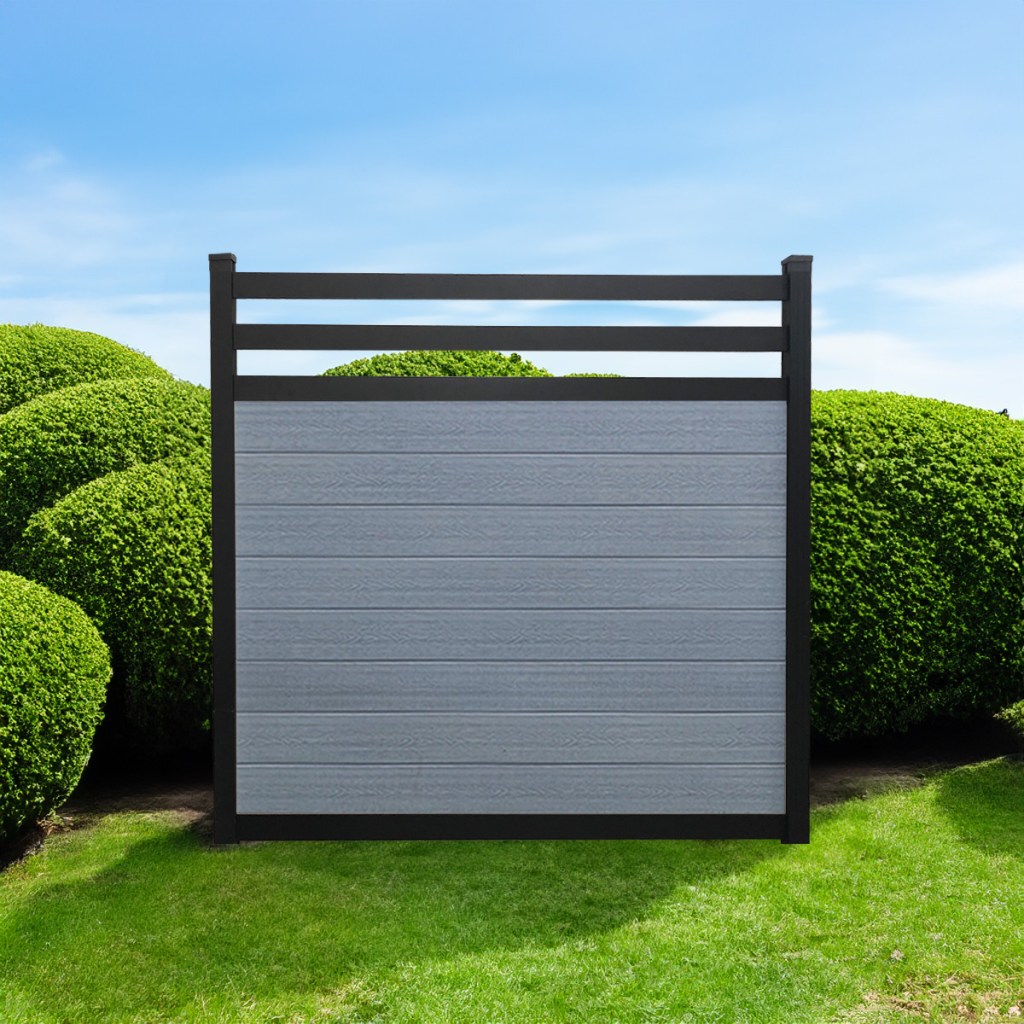 Deluxe Trellis composite fence in Silver Grey with black aluminum posts