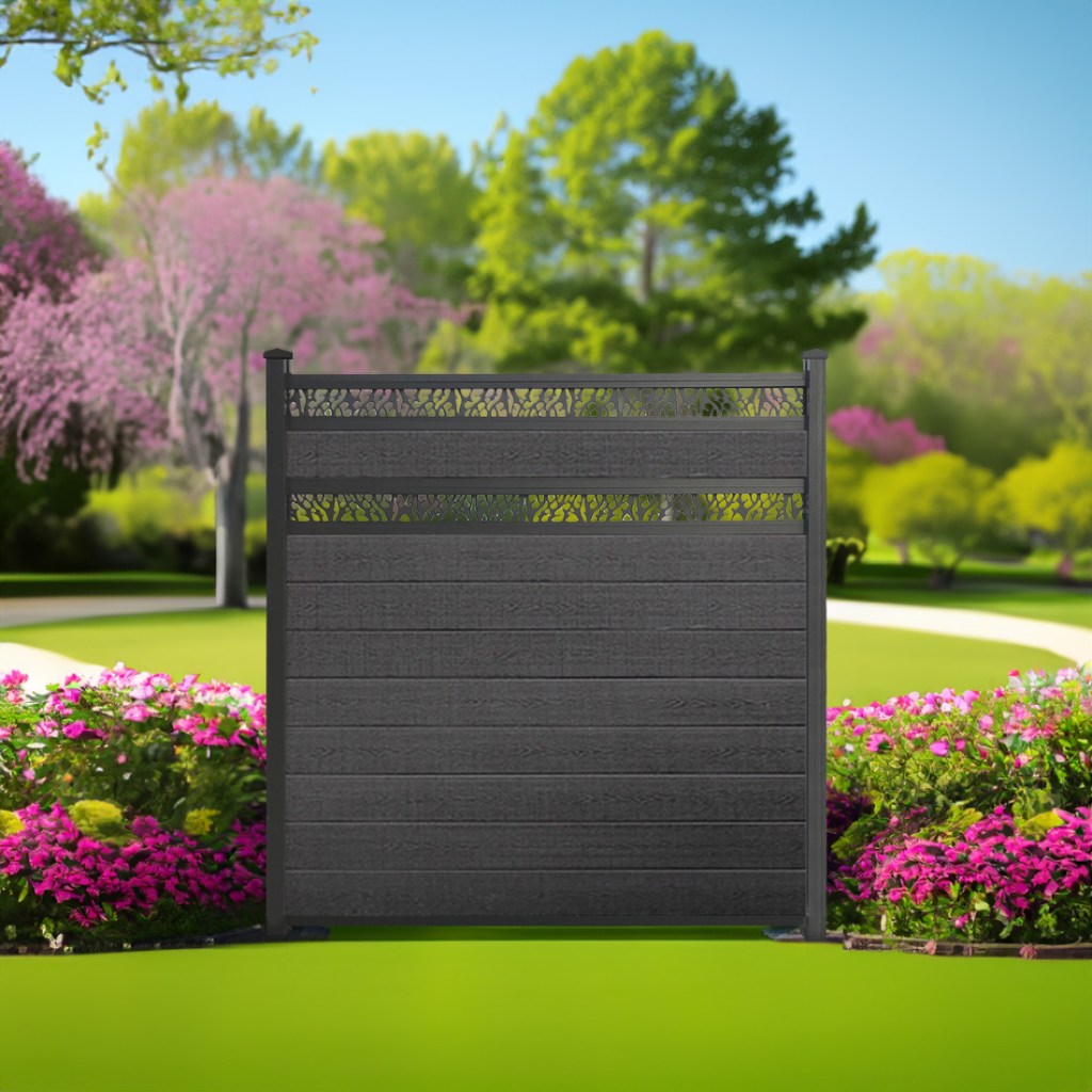 Double Lattice composite fence in Charcoal with black aluminum posts
