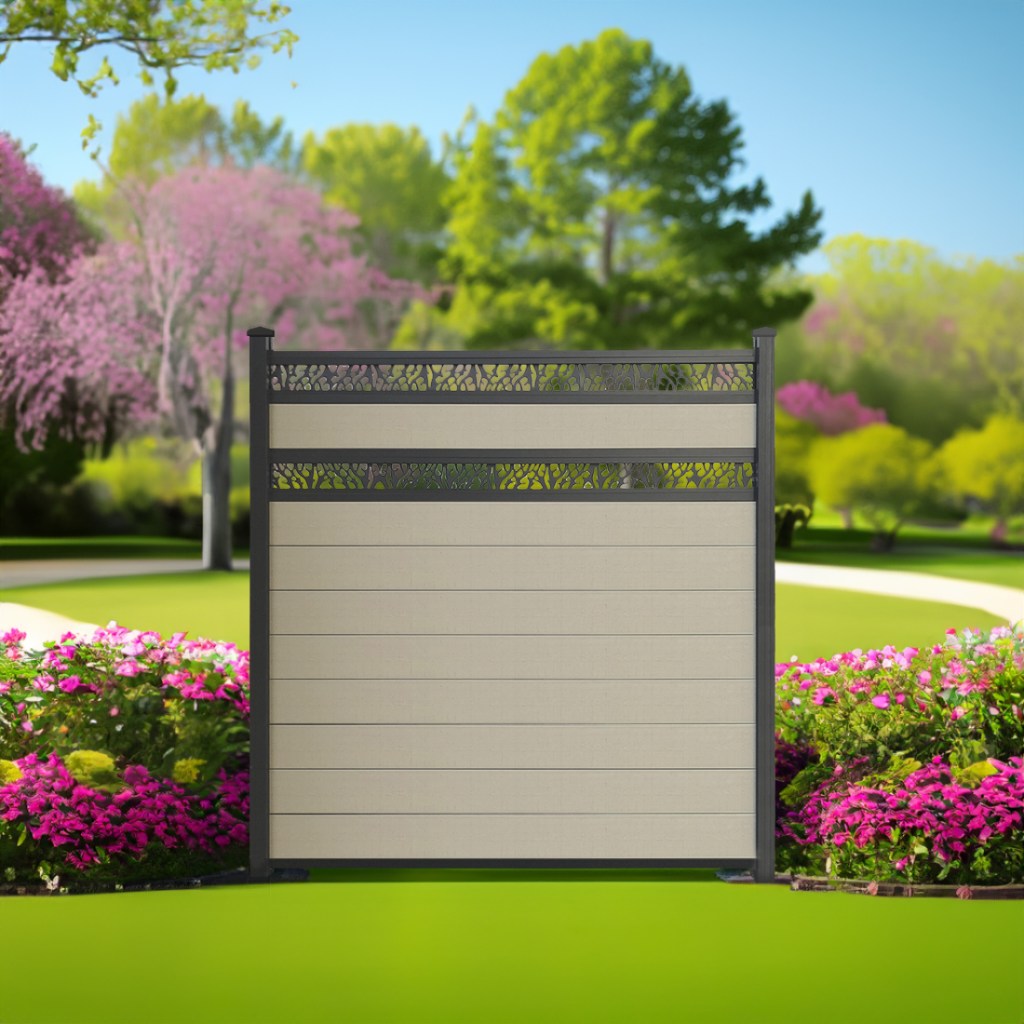 Double Lattice composite fence in Sandy Birch with black aluminum posts