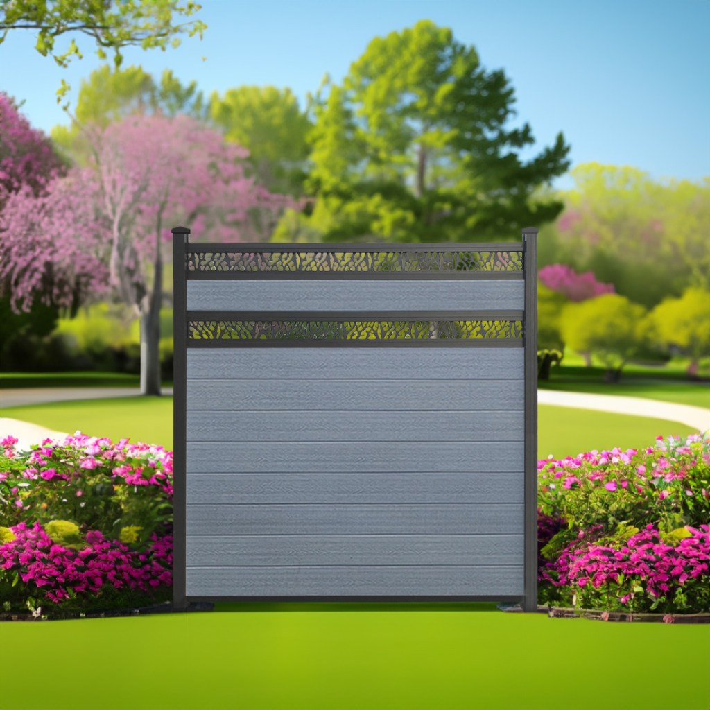 Double Lattice composite fence in Silver Grey with black aluminum posts