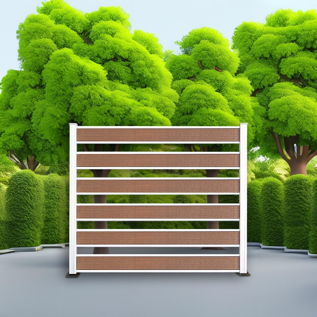 Horizontal Picket composite fence in Cedar with natural aluminum posts