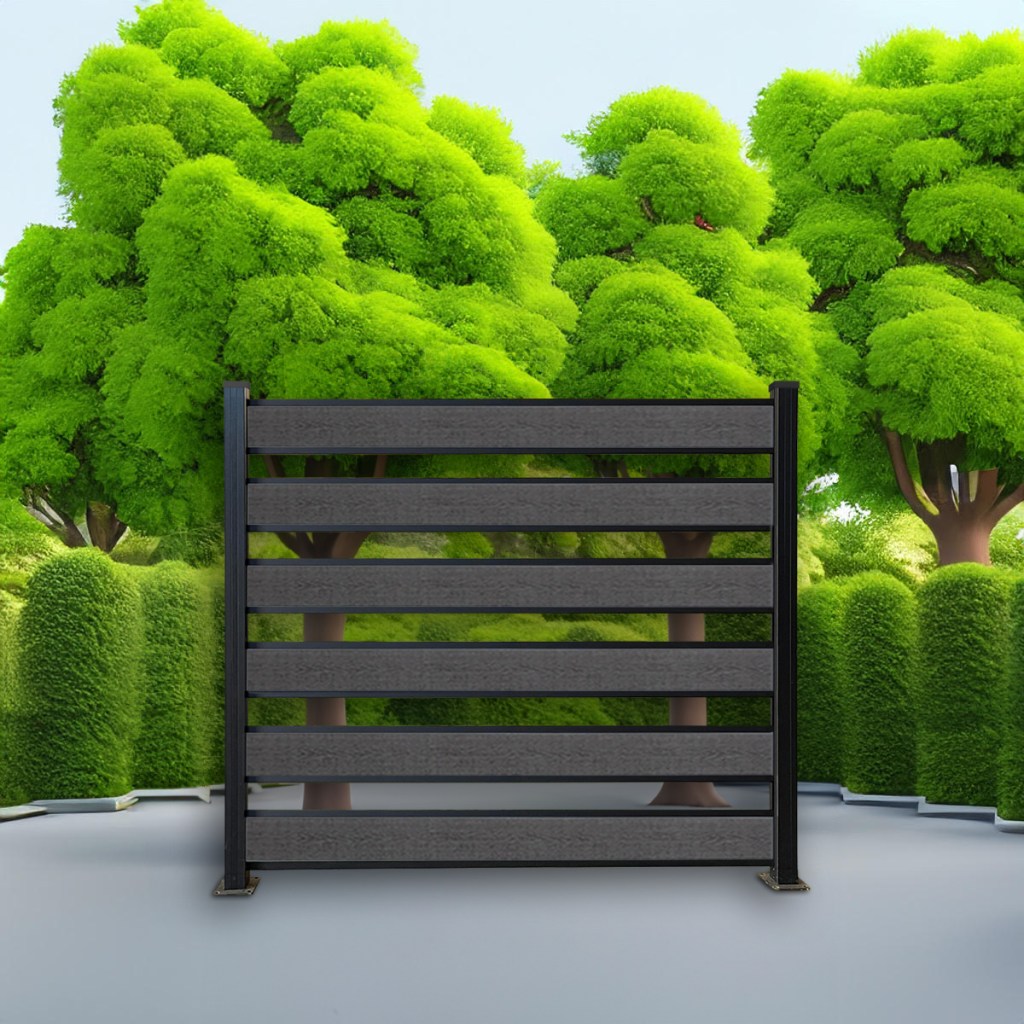 Horizontal Picket composite fence in Charcoal with black aluminum posts