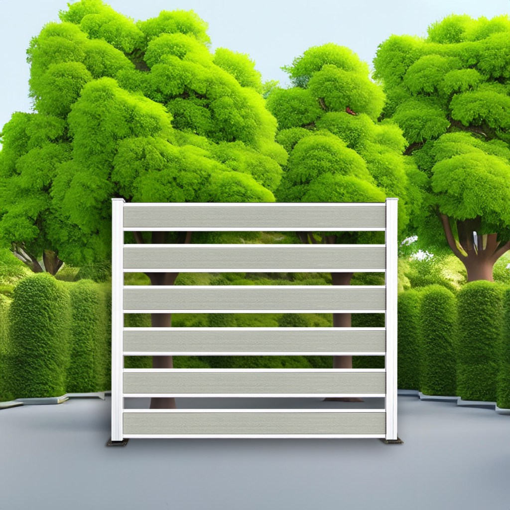 Horizontal Picket composite fence in Sandy Birch with natural aluminum posts