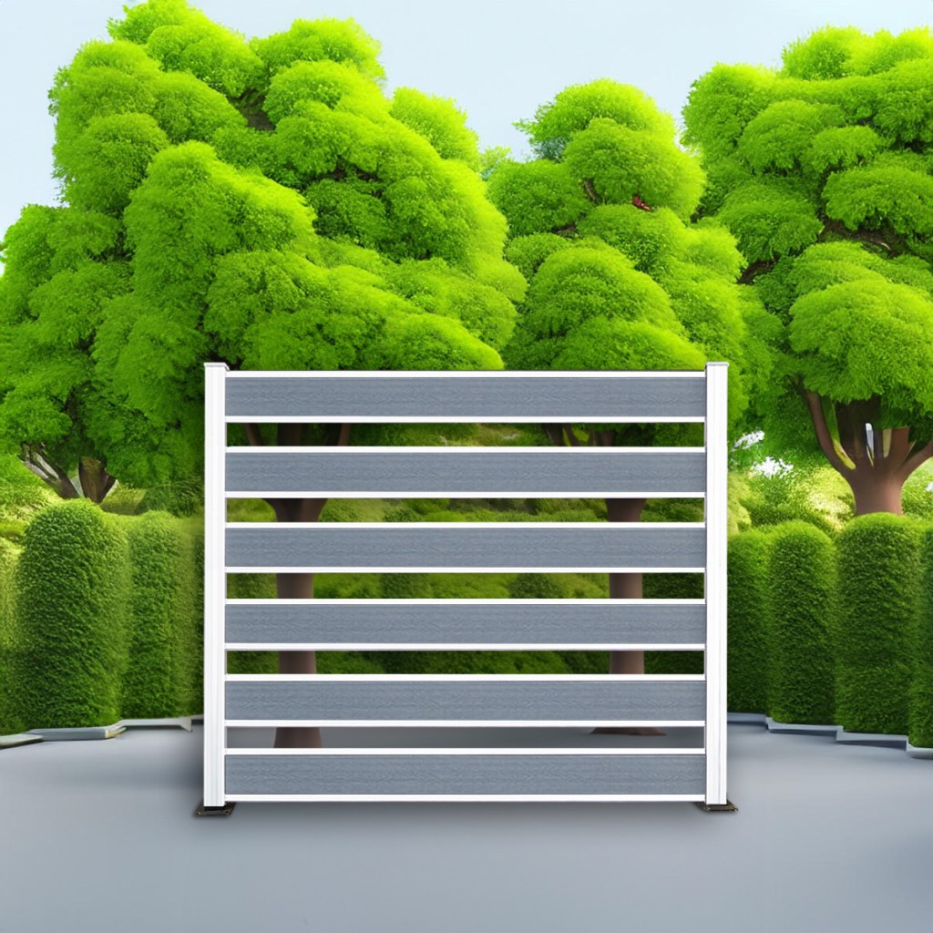 Horizontal Picket composite fence in Silver Grey with natural aluminum posts