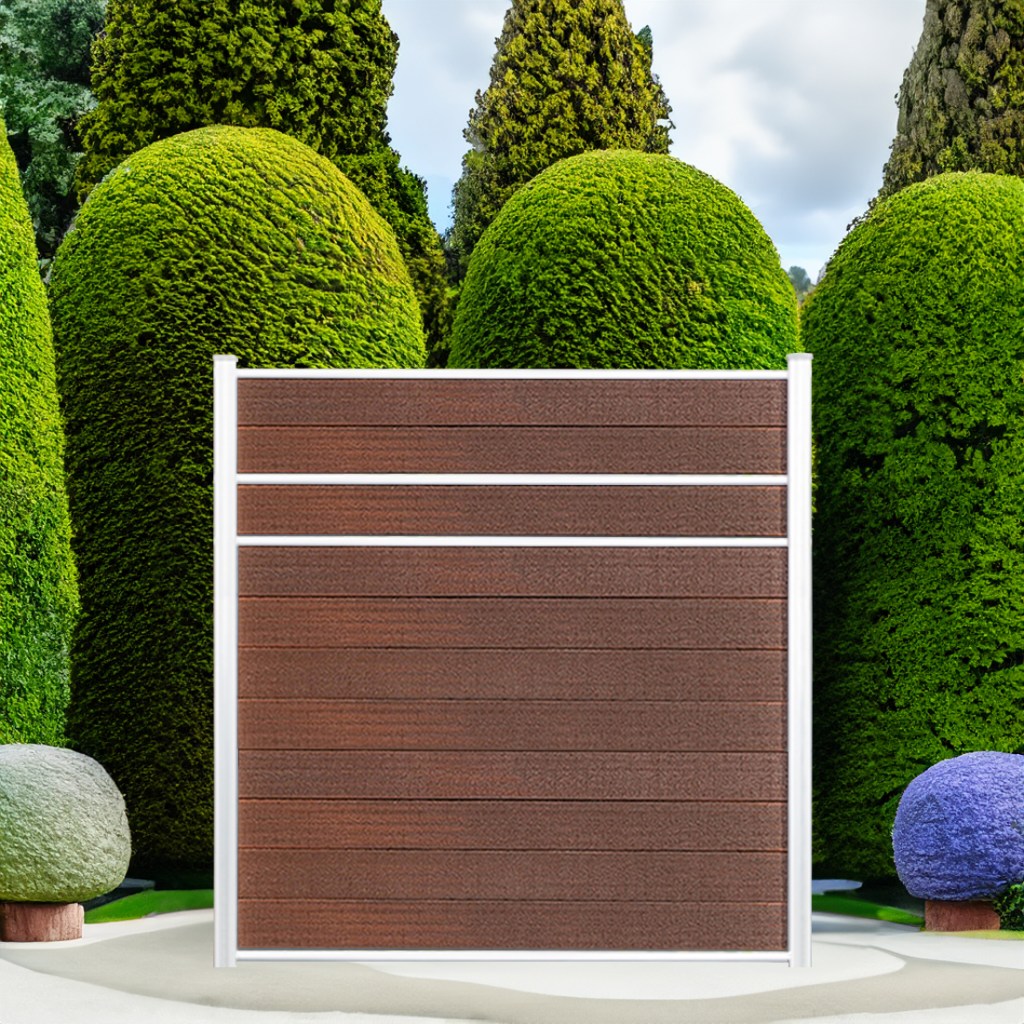 Modern Privacy composite fence in Aspen Brown with natural aluminum posts