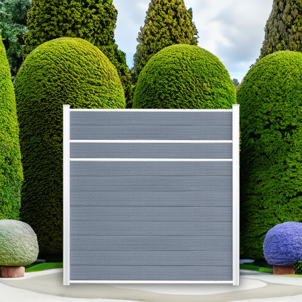 Modern Privacy composite fence in Silver Grey with natural aluminum posts