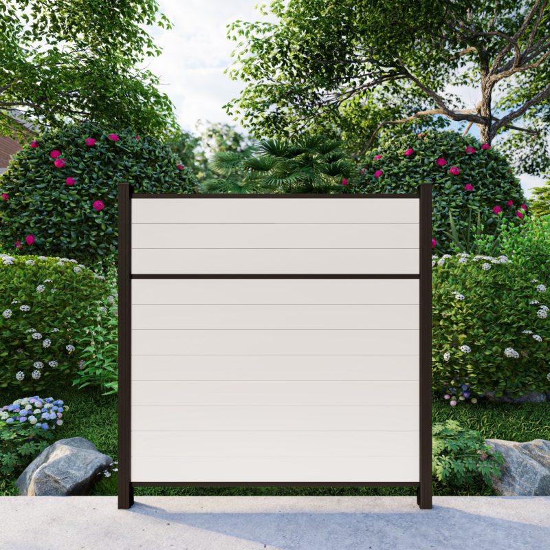 Classic Privacy Vinyl fence in Mykonian White with black aluminum posts