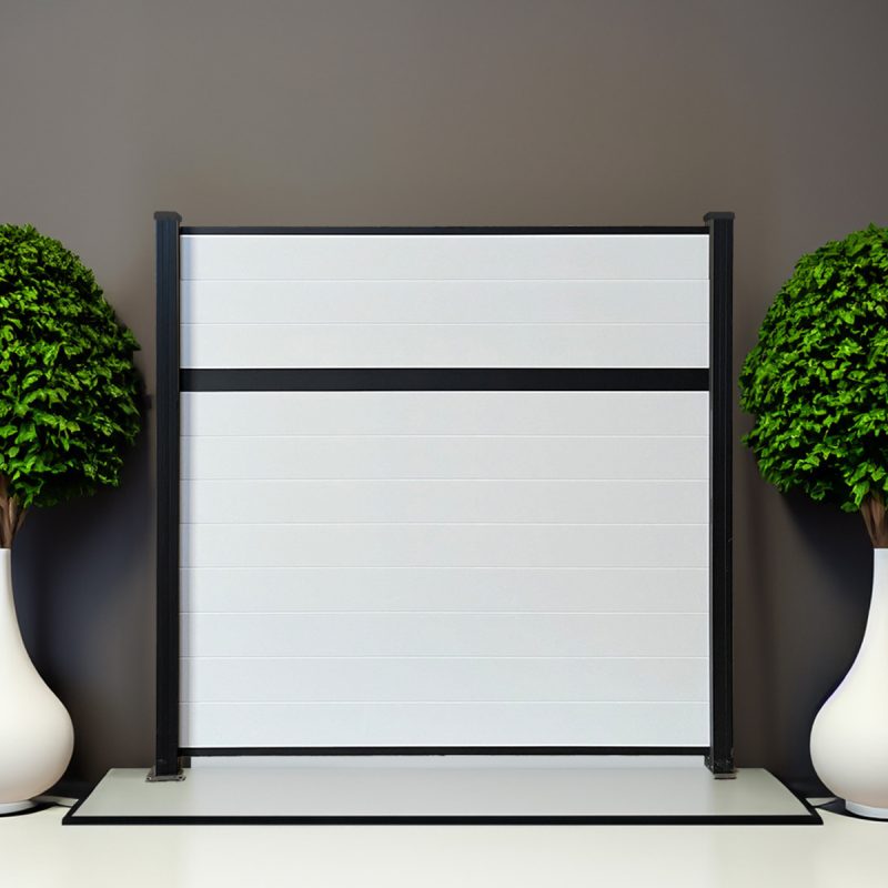 Deluxe Privacy Vinyl fence in Mykonian White with black aluminum posts