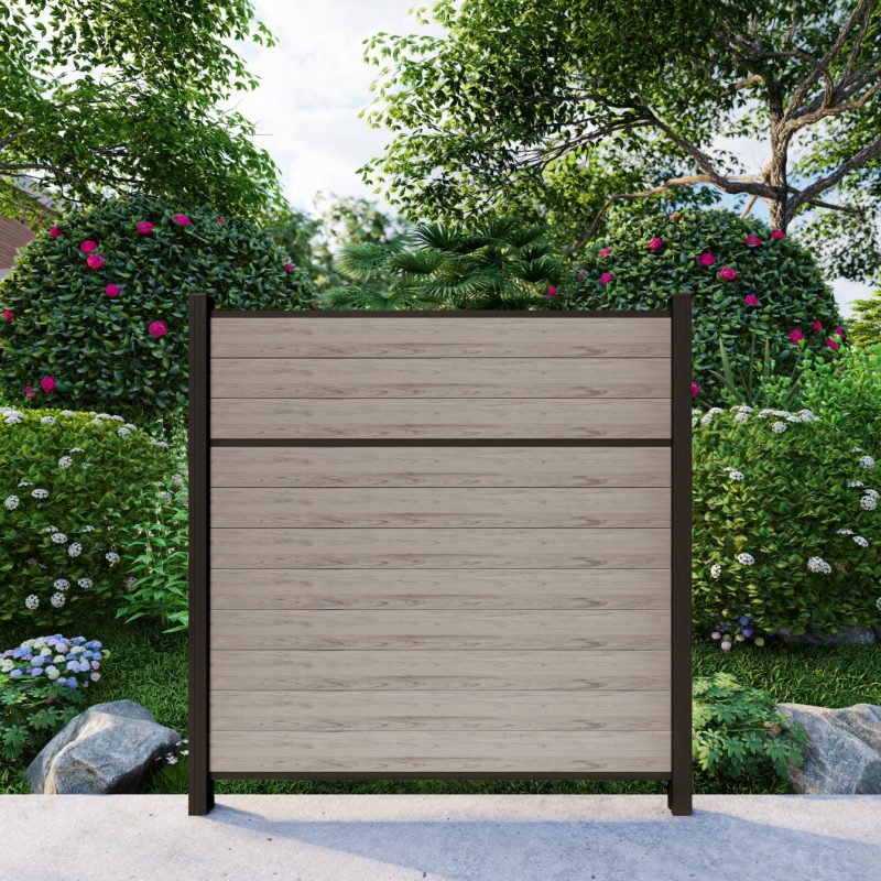 Classic Privacy Vinyl fence in woodgrain walnut with black aluminum posts