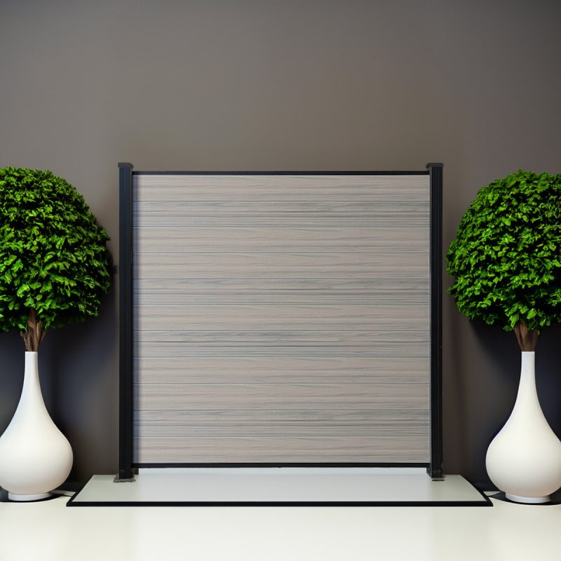 Elite Privacy vinyl fence in woodgrain walnut with black aluminum posts