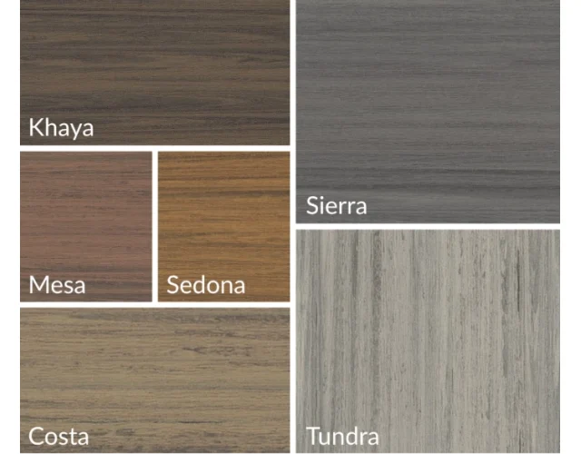 Deckorators Voyage Decking comes in 6 colors An image showing the 6 colors that Deckorators Voyage Decking comes in - Khaya, Mesa, Sedona, Costa, Tundra and Sierra