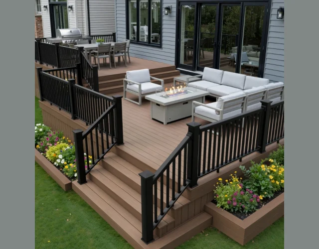 Deckorators Summit Decking in Boulder with Black Classic Composite Railing A multi-level deck built with Deckorators Summit Decking in Boulder with flower boxes around the edges.