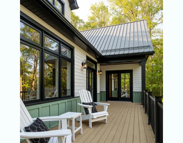 Deckorators Summit mineral-based composite decking in Cliffside with a Black classic composite rail A light brown deck with black composite railing attached to a green and white house.