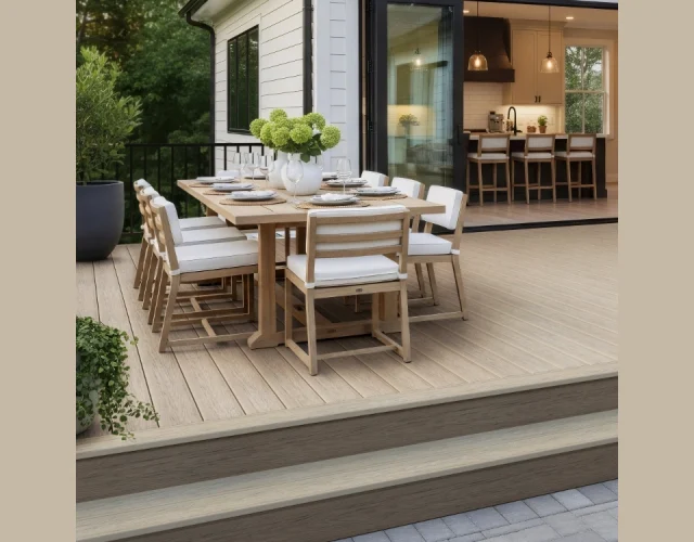 Deckorators Venture decking in Shoreline A deck with two stairs built with Deckorators Venture decking in Shoreline. A tan table with white cushions sits atop of it outside of a white house.