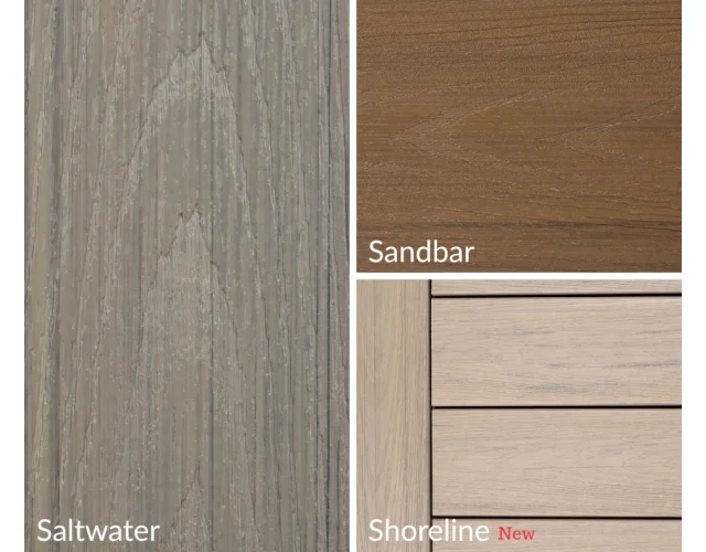 Deckorators Venture traditional wood-plastic composite decking comes in 3 colors - Saltwater, Sandbar and Shoreline An image showing the three colors that Deckorators Venture decking comes in. Saltwater is a gray color, Sandbar is a reddish brown, and Shoreline is a tan color.