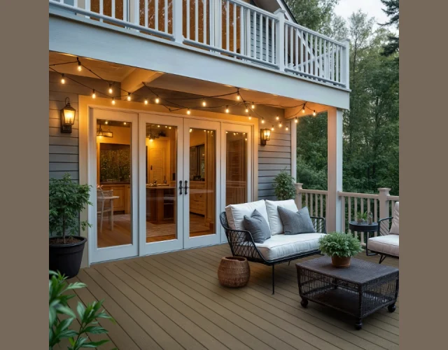 Deckorators Vista composite decking in Ironwood with a White composite railing Deckorators Vista composite decking in Ironwood with a White composite railing on a home with a balcony